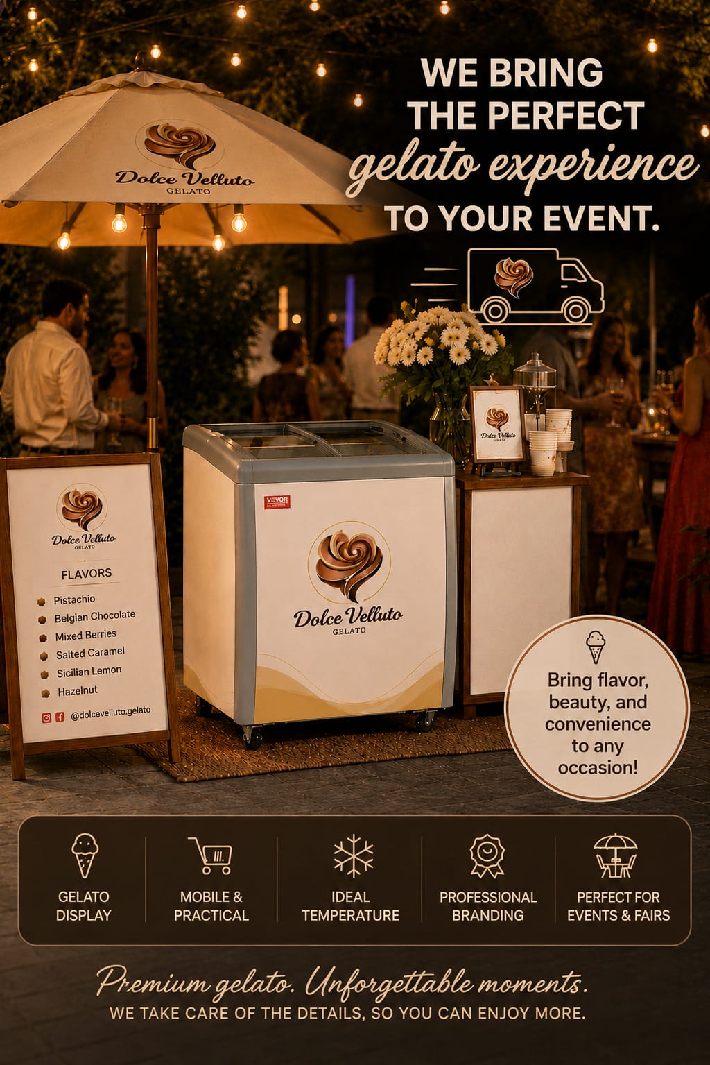Dolce Velluto gelato cart at an evening event